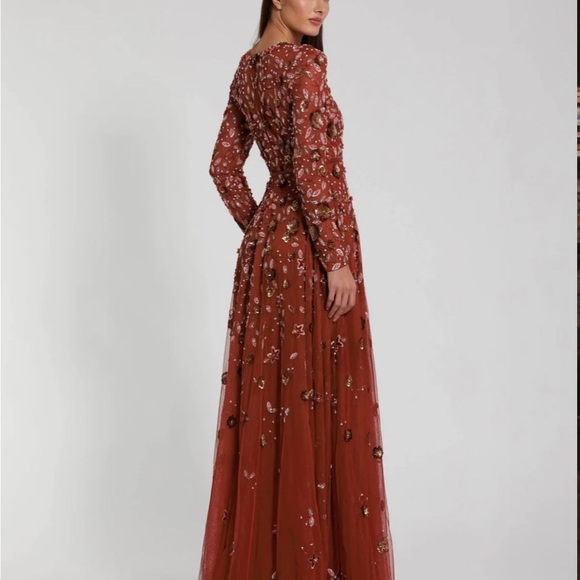 Mac Duggal Rust Floral Long Sleeve Dress - Picture 2 of 7